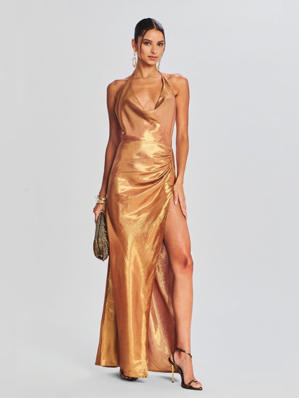 Retrofete Gold One-Shoulder Satin Evening Gown